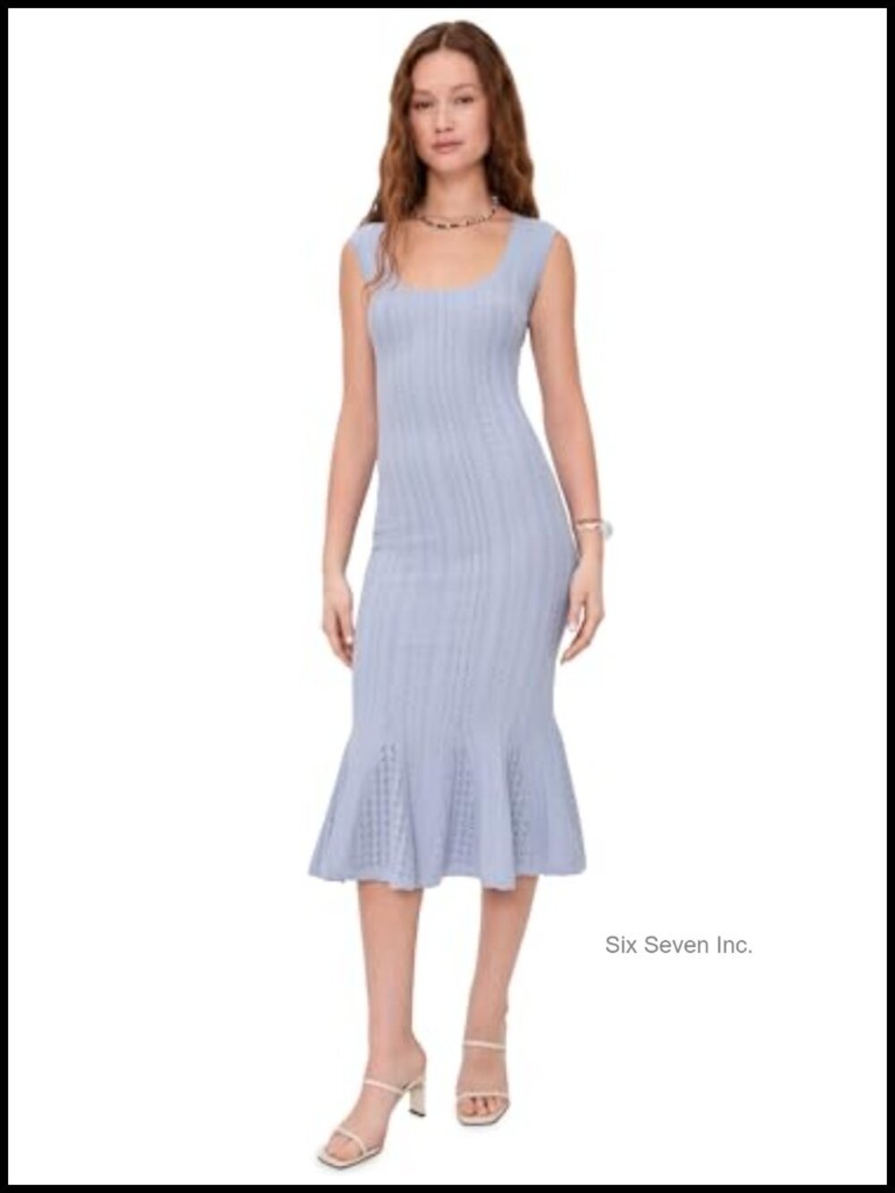 Sleeveless Midi Mermaid Dress Scalloped Trim Pointelle Knit